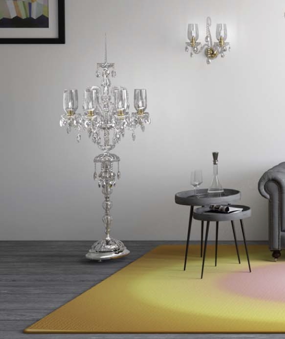 Bohemian crystal wall scones and floor lamp in interior